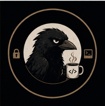 Circular raven and code mug artwork used for cyber workshop branding