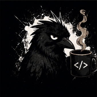 Dark raven holding a code mug